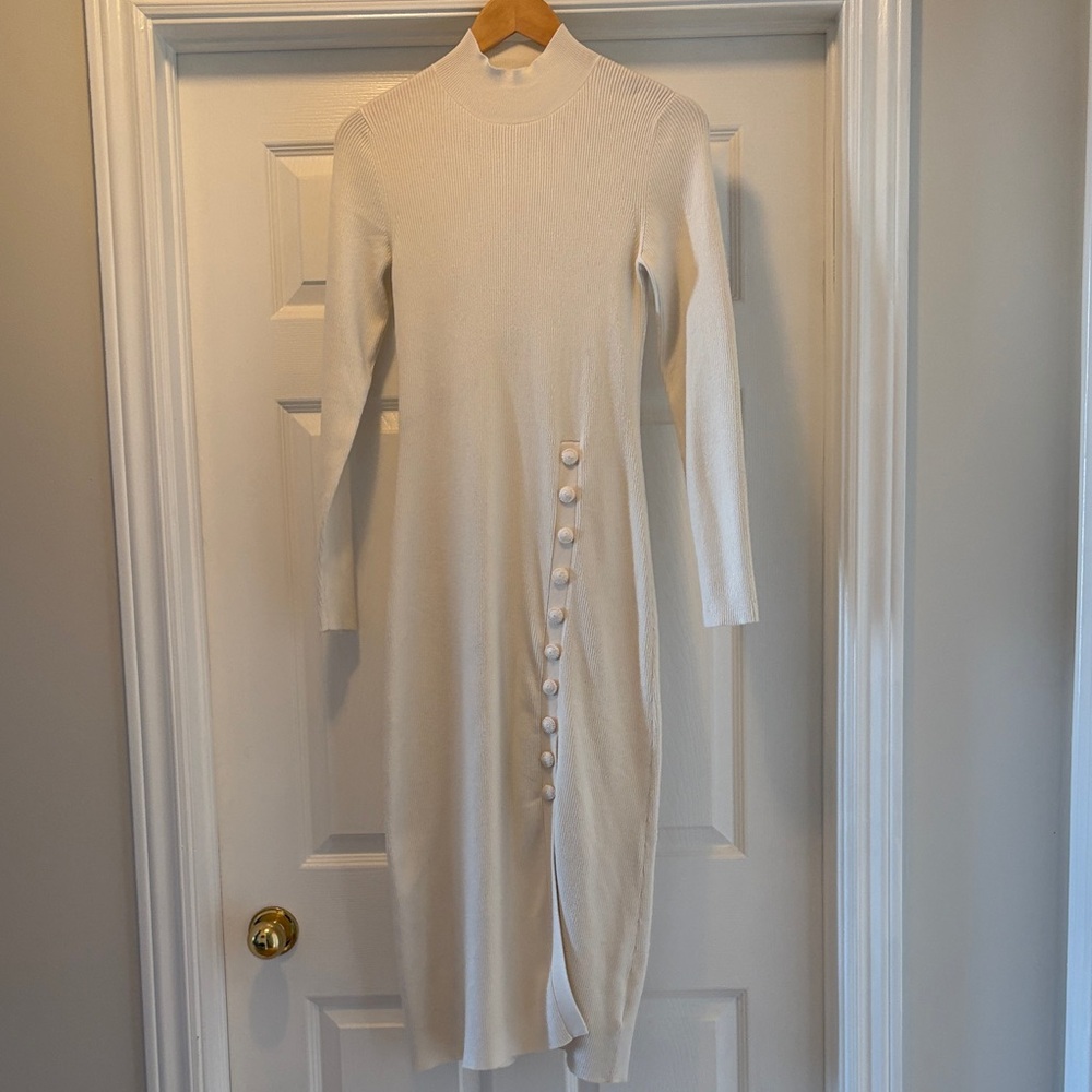Elie Tahari Cream Long Sleeve Dress with Button Detail